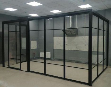 aluminum partition with sliding door — office layout